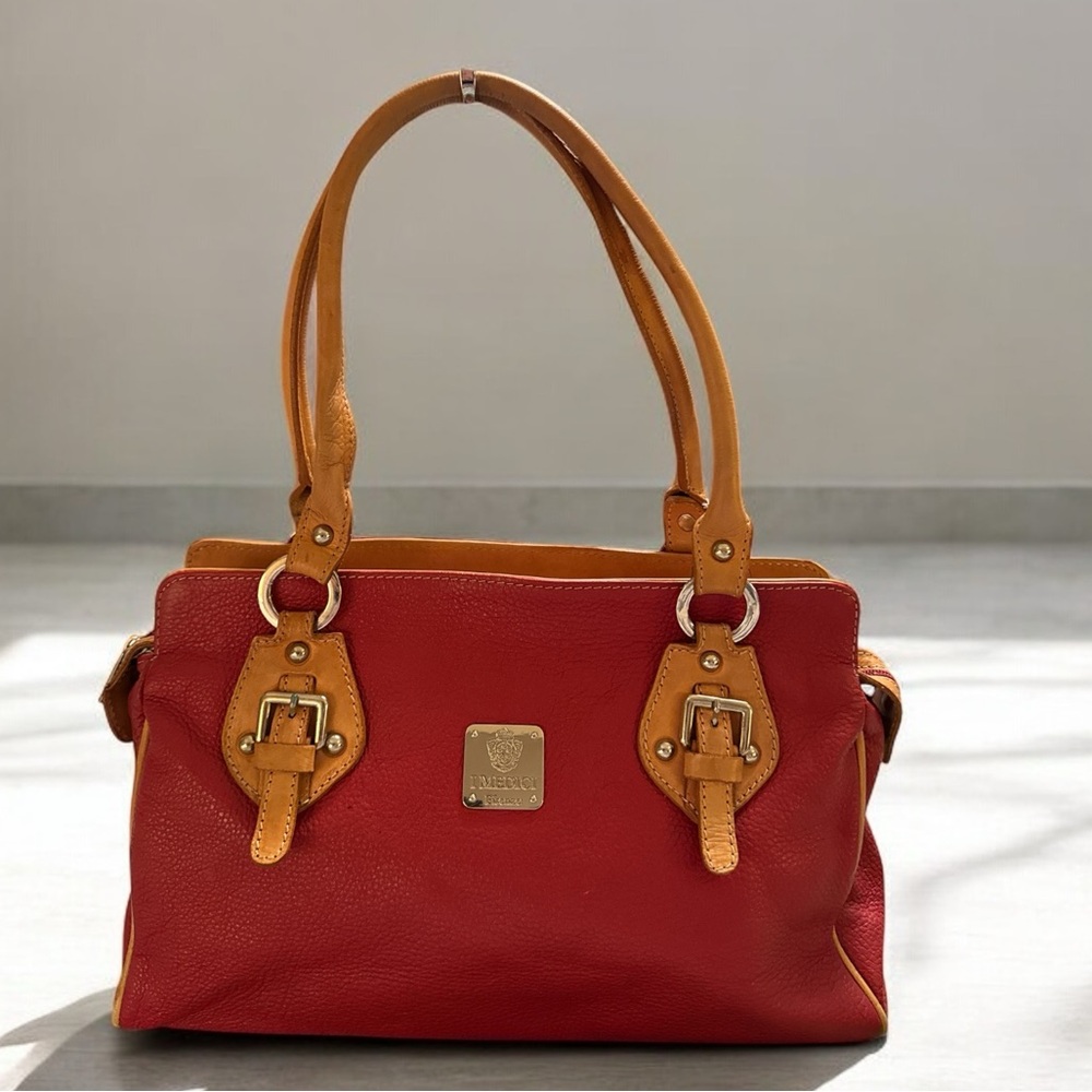 Red and Tan Leather Structured Shoulder Bag with Handles - Picture 1 of 13